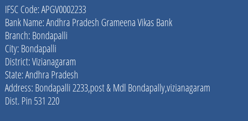 Andhra Pradesh Grameena Vikas Bank Bondapalli Branch, Branch Code 002233 & IFSC Code Apgv0002233