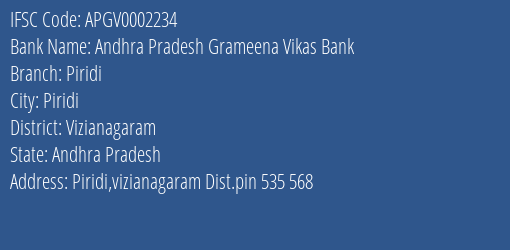 Andhra Pradesh Grameena Vikas Bank Piridi Branch Vizianagaram IFSC Code APGV0002234