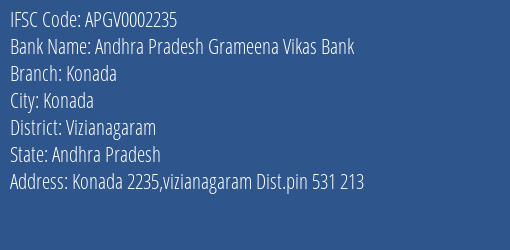 Andhra Pradesh Grameena Vikas Bank Konada Branch, Branch Code 002235 & IFSC Code Apgv0002235