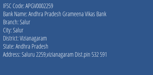 Andhra Pradesh Grameena Vikas Bank Salur Branch, Branch Code 002259 & IFSC Code Apgv0002259