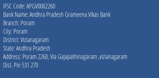 Andhra Pradesh Grameena Vikas Bank Poram Branch, Branch Code 002260 & IFSC Code Apgv0002260