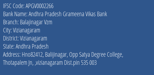 Andhra Pradesh Grameena Vikas Bank Balajinagar Vzm Branch Vizianagaram IFSC Code APGV0002266