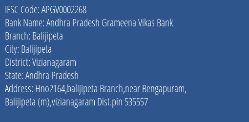 Andhra Pradesh Grameena Vikas Bank Balijipeta Branch Vizianagaram IFSC Code APGV0002268