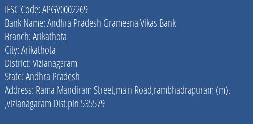 Andhra Pradesh Grameena Vikas Bank Arikathota Branch Vizianagaram IFSC Code APGV0002269
