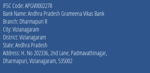 Andhra Pradesh Grameena Vikas Bank Dharmapuri R Branch Vizianagaram IFSC Code APGV0002278