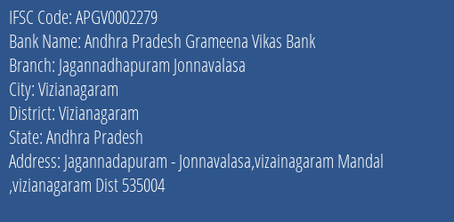 Andhra Pradesh Grameena Vikas Bank Jagannadhapuram Jonnavalasa Branch, Branch Code 002279 & IFSC Code Apgv0002279
