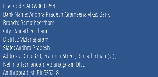 Andhra Pradesh Grameena Vikas Bank Ramatheertham Branch, Branch Code 002284 & IFSC Code Apgv0002284