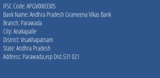 Andhra Pradesh Grameena Vikas Bank Parawada Branch Visakhapatnam IFSC Code APGV0003305