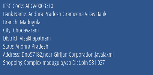 Andhra Pradesh Grameena Vikas Bank Madugula Branch Visakhapatnam IFSC Code APGV0003310
