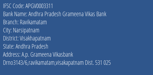 Andhra Pradesh Grameena Vikas Bank Ravikamatam Branch, Branch Code 003311 & IFSC Code Apgv0003311