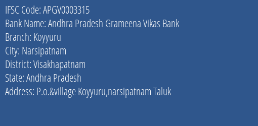 Andhra Pradesh Grameena Vikas Bank Koyyuru Branch Visakhapatnam IFSC Code APGV0003315