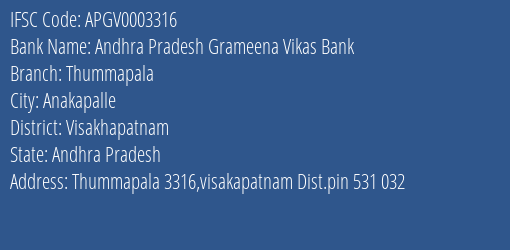 Andhra Pradesh Grameena Vikas Bank Thummapala Branch Visakhapatnam IFSC Code APGV0003316