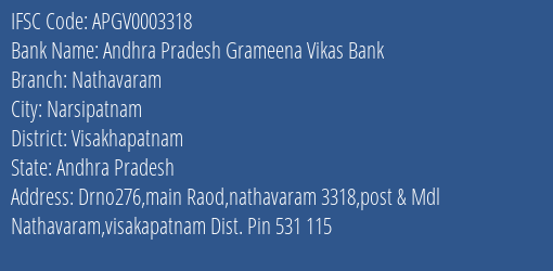Andhra Pradesh Grameena Vikas Bank Nathavaram Branch Visakhapatnam IFSC Code APGV0003318