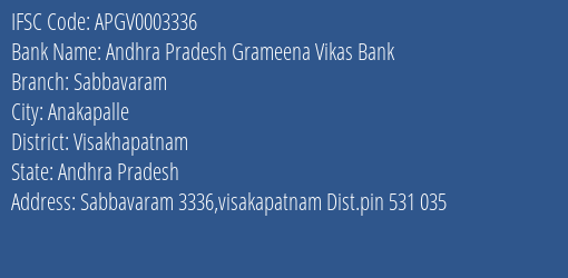 Andhra Pradesh Grameena Vikas Bank Sabbavaram Branch Visakhapatnam IFSC Code APGV0003336