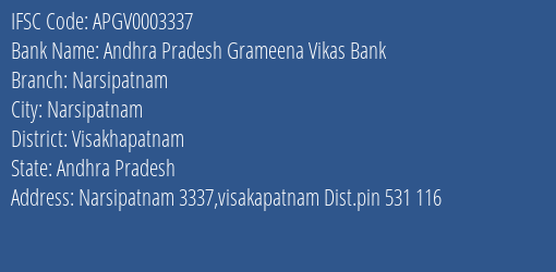 Andhra Pradesh Grameena Vikas Bank Narsipatnam Branch, Branch Code 003337 & IFSC Code Apgv0003337