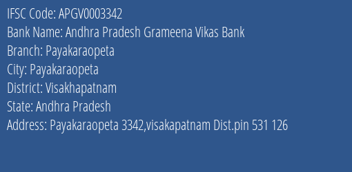 Andhra Pradesh Grameena Vikas Bank Payakaraopeta Branch Visakhapatnam IFSC Code APGV0003342