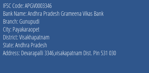 Andhra Pradesh Grameena Vikas Bank Gunupudi Branch Visakhapatnam IFSC Code APGV0003346
