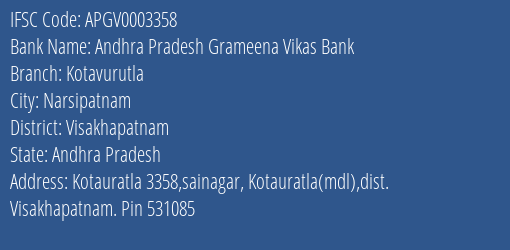 Andhra Pradesh Grameena Vikas Bank Kotavurutla Branch Visakhapatnam IFSC Code APGV0003358