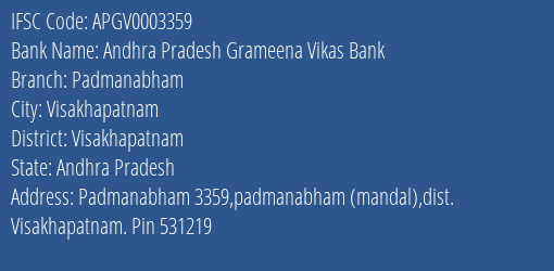Andhra Pradesh Grameena Vikas Bank Padmanabham Branch Visakhapatnam IFSC Code APGV0003359