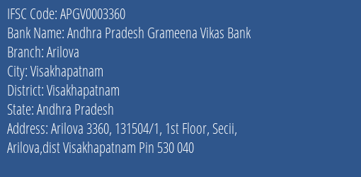 Andhra Pradesh Grameena Vikas Bank Arilova Branch Visakhapatnam IFSC Code APGV0003360
