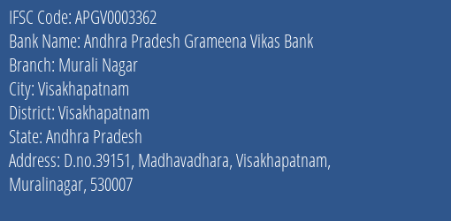 Andhra Pradesh Grameena Vikas Bank Murali Nagar Branch, Branch Code 003362 & IFSC Code Apgv0003362