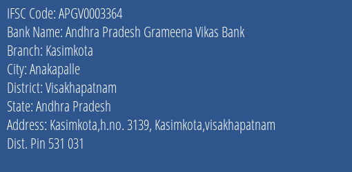 Andhra Pradesh Grameena Vikas Bank Kasimkota Branch, Branch Code 003364 & IFSC Code Apgv0003364