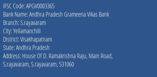 Andhra Pradesh Grameena Vikas Bank S.rayavaram Branch, Branch Code 003365 & IFSC Code Apgv0003365