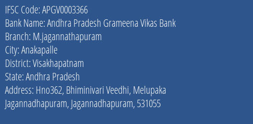 Andhra Pradesh Grameena Vikas Bank M.jagannathapuram Branch Visakhapatnam IFSC Code APGV0003366