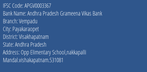 Andhra Pradesh Grameena Vikas Bank Vempadu Branch, Branch Code 003367 & IFSC Code Apgv0003367
