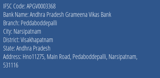 Andhra Pradesh Grameena Vikas Bank Peddaboddepalli Branch Visakhapatnam IFSC Code APGV0003368
