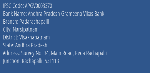 Andhra Pradesh Grameena Vikas Bank Padarachapalli Branch Visakhapatnam IFSC Code APGV0003370