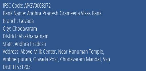 Andhra Pradesh Grameena Vikas Bank Govada Branch Visakhapatnam IFSC Code APGV0003372