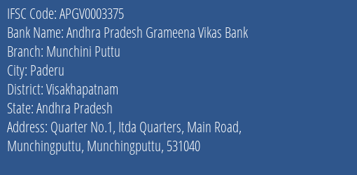 Andhra Pradesh Grameena Vikas Bank Munchini Puttu Branch Visakhapatnam IFSC Code APGV0003375