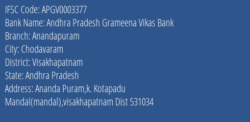 Andhra Pradesh Grameena Vikas Bank Anandapuram Branch Visakhapatnam IFSC Code APGV0003377
