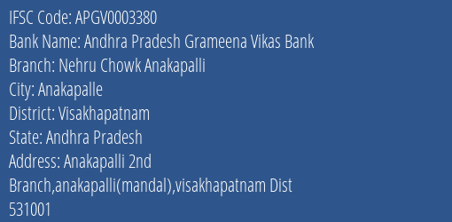Andhra Pradesh Grameena Vikas Bank Nehru Chowk Anakapalli Branch Visakhapatnam IFSC Code APGV0003380