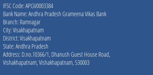Andhra Pradesh Grameena Vikas Bank Ramnagar Branch Visakhapatnam IFSC Code APGV0003384