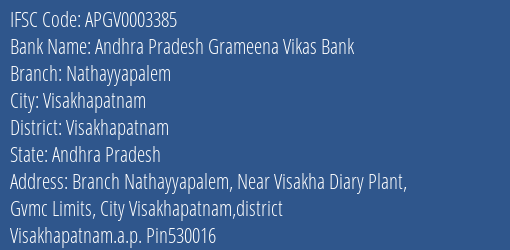 Andhra Pradesh Grameena Vikas Bank Nathayyapalem Branch Visakhapatnam IFSC Code APGV0003385