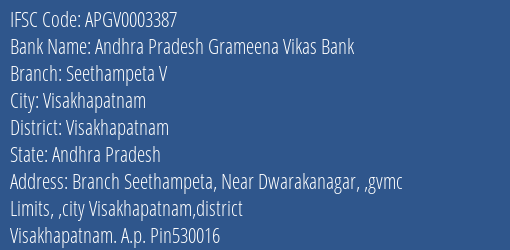 Andhra Pradesh Grameena Vikas Bank Seethampeta V Branch, Branch Code 003387 & IFSC Code Apgv0003387