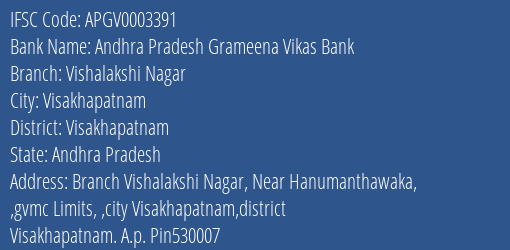Andhra Pradesh Grameena Vikas Bank Vishalakshi Nagar Branch, Branch Code 003391 & IFSC Code Apgv0003391