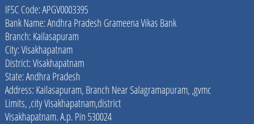 Andhra Pradesh Grameena Vikas Bank Kailasapuram Branch Visakhapatnam IFSC Code APGV0003395