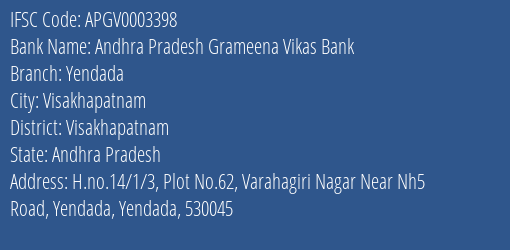 Andhra Pradesh Grameena Vikas Bank Yendada Branch, Branch Code 003398 & IFSC Code Apgv0003398