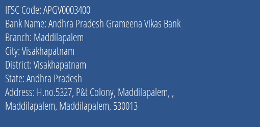 Andhra Pradesh Grameena Vikas Bank Maddilapalem Branch, Branch Code 003400 & IFSC Code Apgv0003400