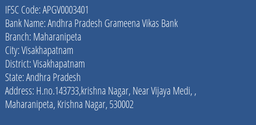 Andhra Pradesh Grameena Vikas Bank Maharanipeta Branch, Branch Code 003401 & IFSC Code Apgv0003401