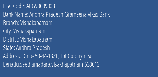 Andhra Pradesh Grameena Vikas Bank Vishakapatnam Branch, Branch Code 009003 & IFSC Code APGV0009003