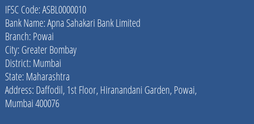 Apna Sahakari Bank Limited Powai Branch, Branch Code 000010 & IFSC Code ASBL0000010