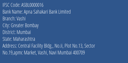 Apna Sahakari Bank Limited Vashi Branch IFSC Code