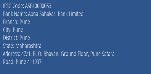 Apna Sahakari Bank Limited Pune Branch, Branch Code 000053 & IFSC Code ASBL0000053
