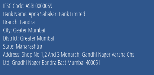 Apna Sahakari Bank Limited Bandra Branch, Branch Code 000069 & IFSC Code ASBL0000069