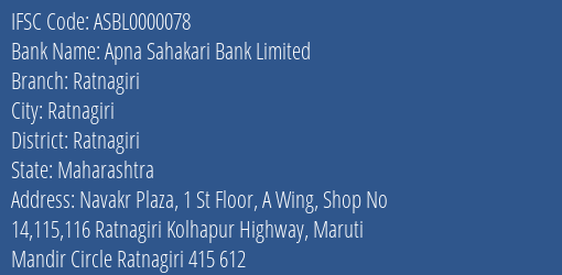 Apna Sahakari Bank Limited Ratnagiri Branch IFSC Code