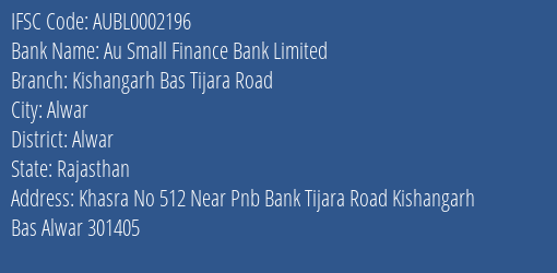 Au Small Finance Bank Limited Kishangarh Bas Tijara Road Branch, Branch Code 002196 & IFSC Code AUBL0002196
